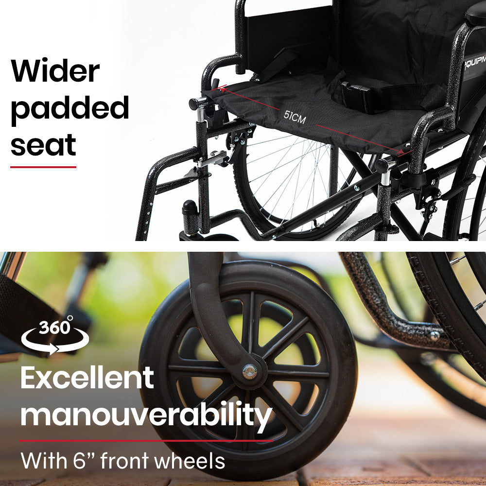 XL-Wide Quick-Folding Wheelchair, 0.61m Rear Tyres, 136kg Capacity, Dark Grey