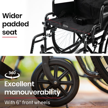 XL-Wide Quick-Folding Wheelchair, 0.61m Rear Tyres, 136kg Capacity, Dark Grey