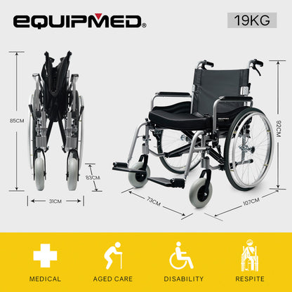 Extra-Wide Folding Wheelchair, 150kg Capacity, 0.6m Seat, 0.6m Tyres, Aluminium Frame