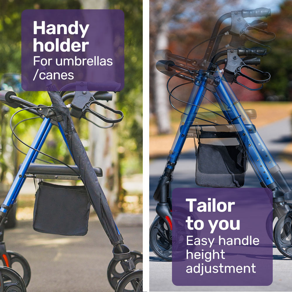 Lightweight Aluminum Rollator Walker with Seat & Storage, 136kg Capacity, Blue