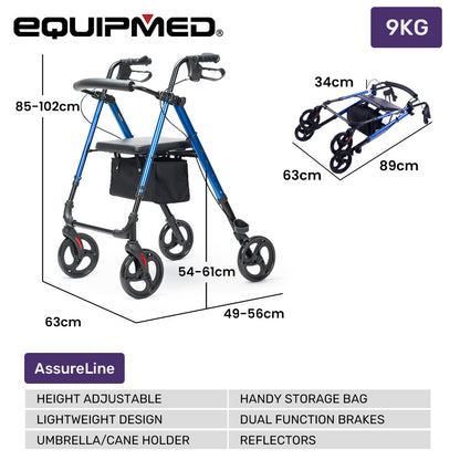 Lightweight Aluminum Rollator Walker with Seat & Storage, 136kg Capacity, Blue
