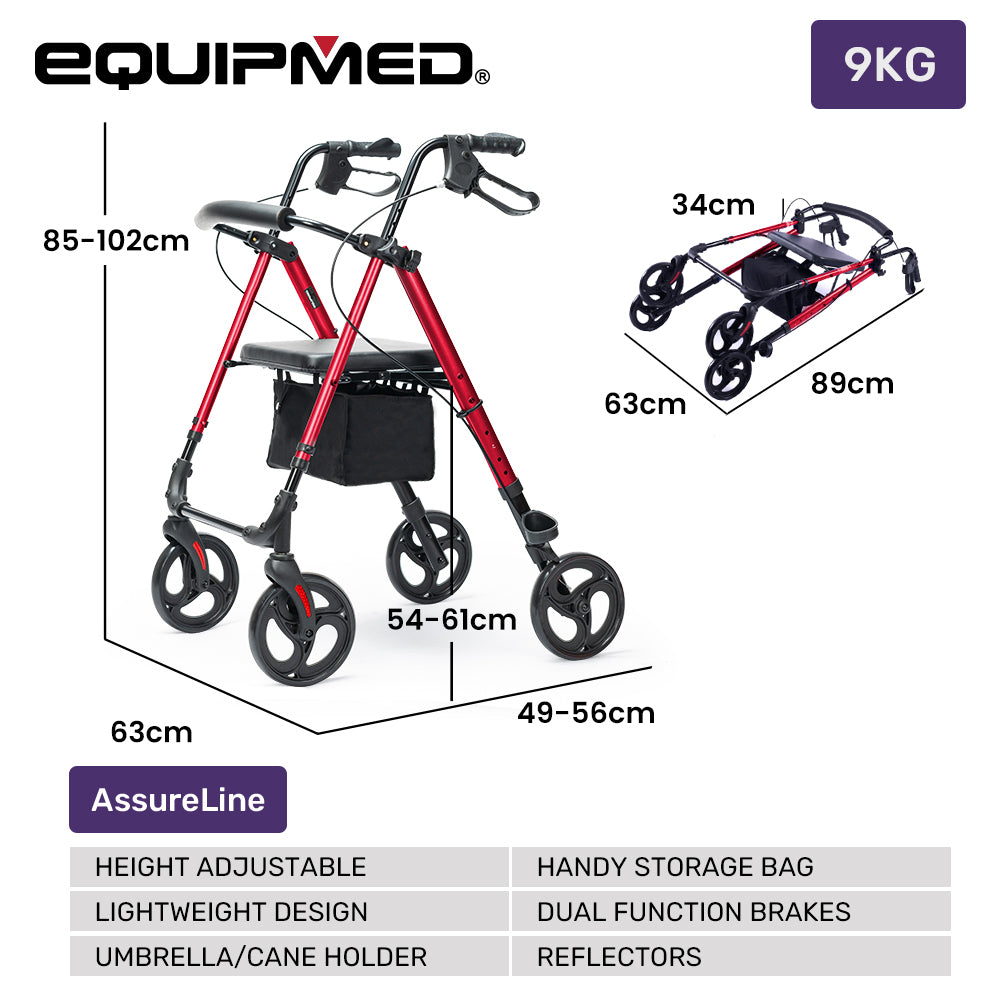 Lightweight Rollator Walker with Seat & Storage, 0.23m Frame, 136kg Capacity