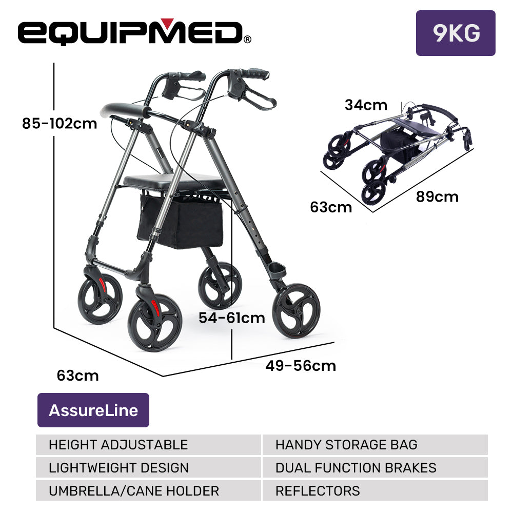 Lightweight Aluminium Rollator Walker with Seat and Storage, 136kg Capacity