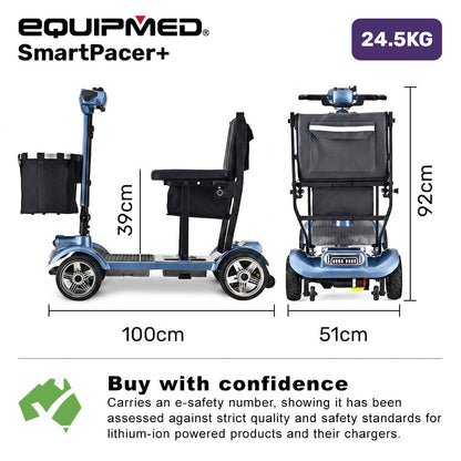 SmartPacer+ Ultra-Lightweight Mobility Scooter, Li-ion Battery, Foldable, Airline Approved, 120kg Capacity, Blue