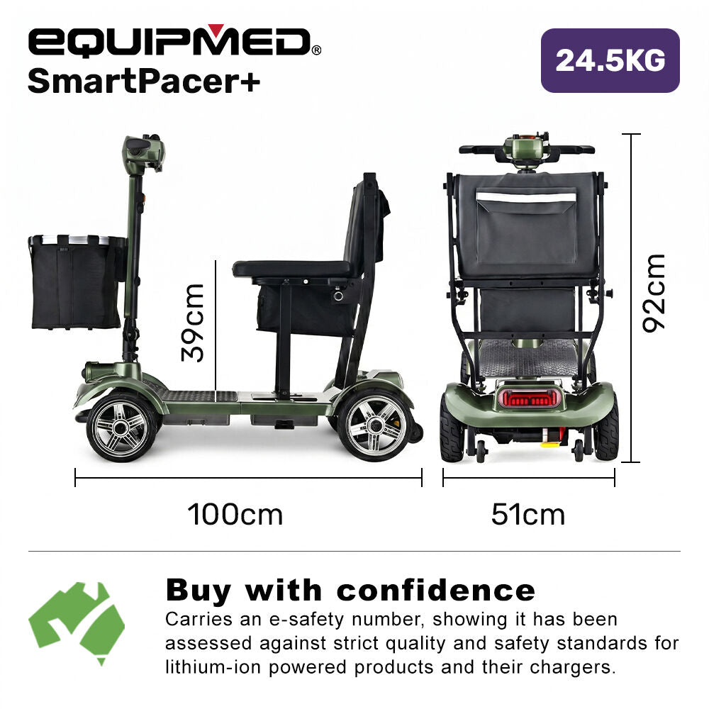 SmartPacer+ Ultra-Lightweight Mobility Scooter, Li-ion Battery, Foldable, Airline Approved, 120kg Capacity, Green