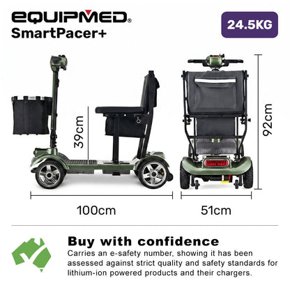 SmartPacer+ Ultra-Lightweight Mobility Scooter, Li-ion Battery, Foldable, Airline Approved, 120kg Capacity, Green