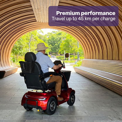 ComfortCruise Large Mobility Scooter, 15km/h Top Speed, Up to 45km Range, Strong Climbing, 180kg Capacity, Red