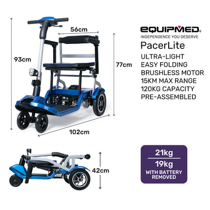 Ultra-Light Folding Mobility Scooter, 19kg, 120kg Capacity, 15km Range, Blue