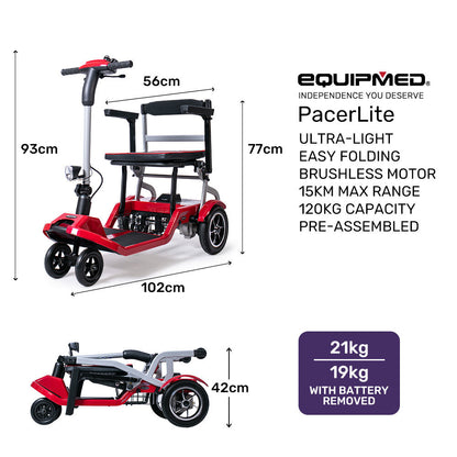 Ultra-Light 19kg Folding Mobility Scooter, 120kg Capacity, Long Range, Red