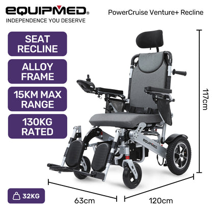 Folding Electric Wheelchair with Recline, Aluminium Frame, 12-15km Range