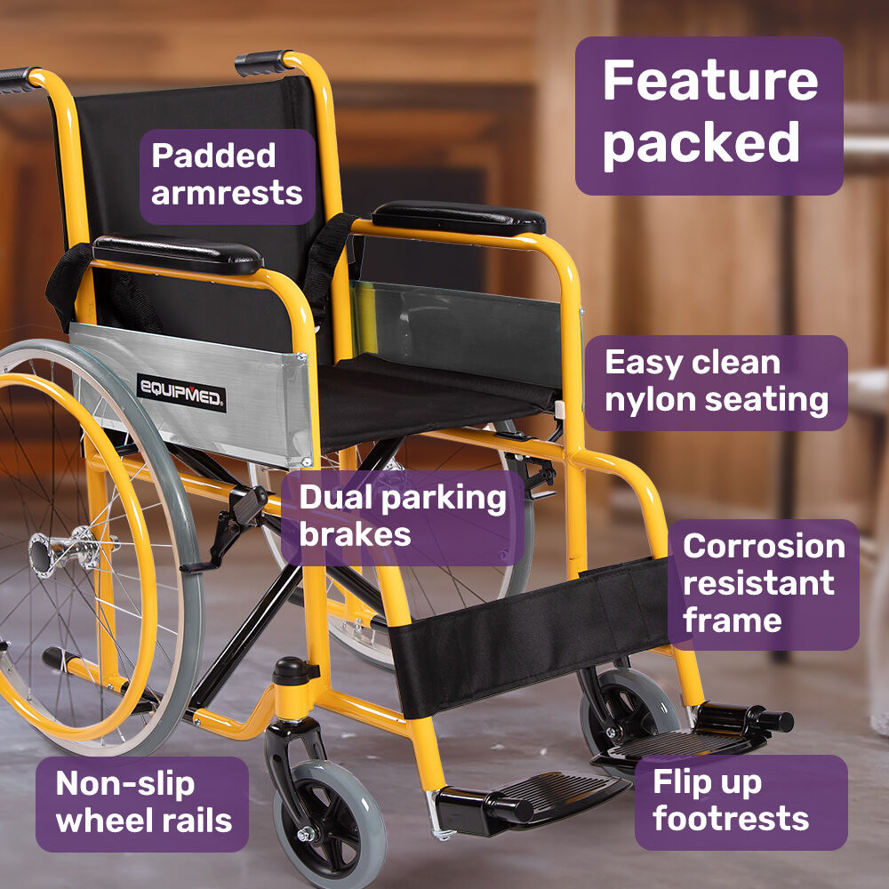 Kids Paediatric Wheelchair, 100kg Rated, 110-140cm Rider Height, Quick Folding, Adjustable Footrests, 22' Wheels, Yellow