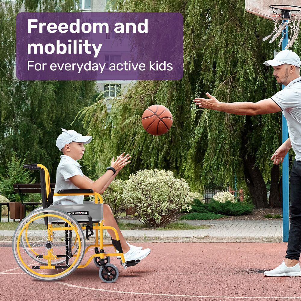 Kids Paediatric Wheelchair, 100kg Rated, 110-140cm Rider Height, Quick Folding, Adjustable Footrests, 22' Wheels, Yellow