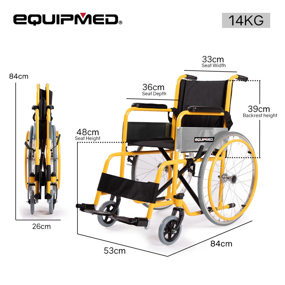 Kids Paediatric Wheelchair, 100kg Rated, 110-140cm Rider Height, Quick Folding, Adjustable Footrests, 22' Wheels, Yellow