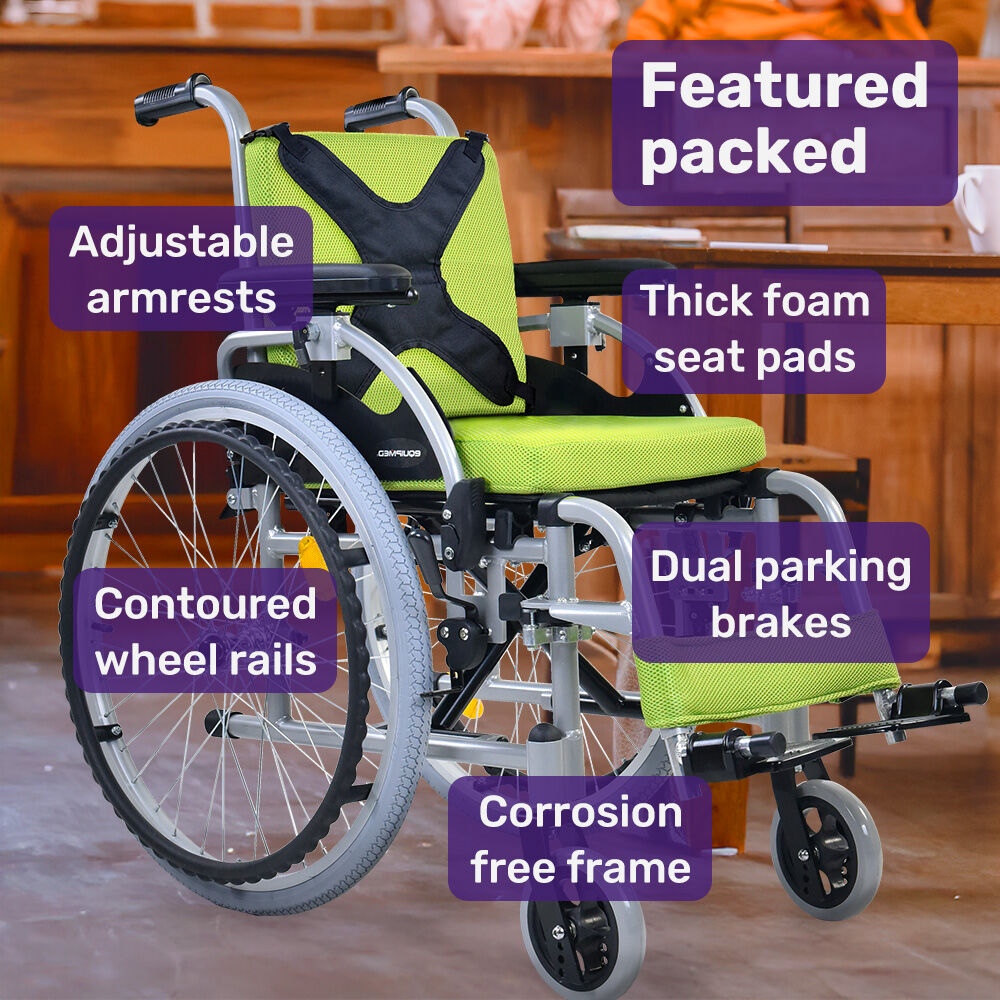Lightweight Aluminium Kids Wheelchair - 0.55m Wheels, 75kg Capacity, Green