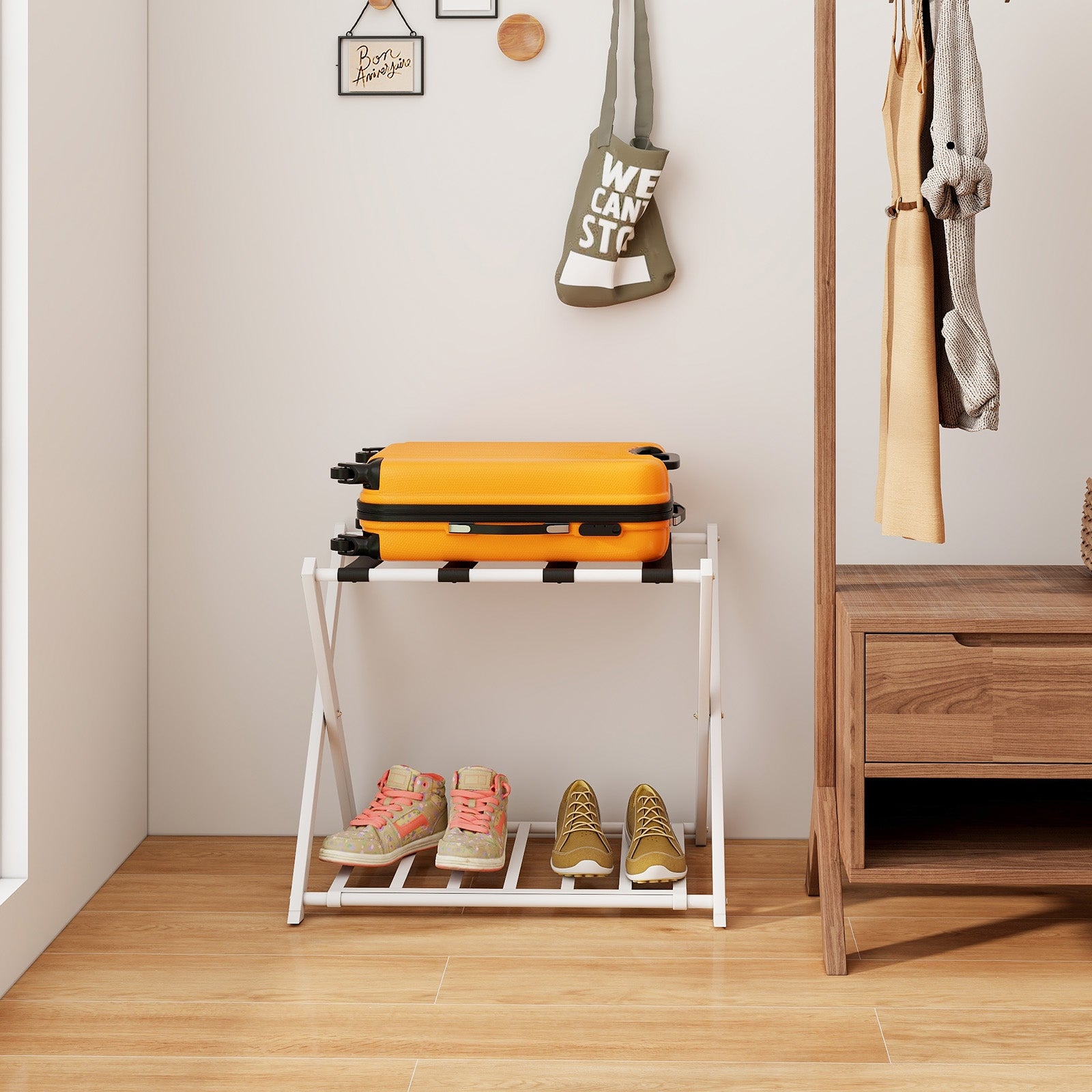 Heavy Duty Folding Luggage Rack with Shelves-1 piece-White