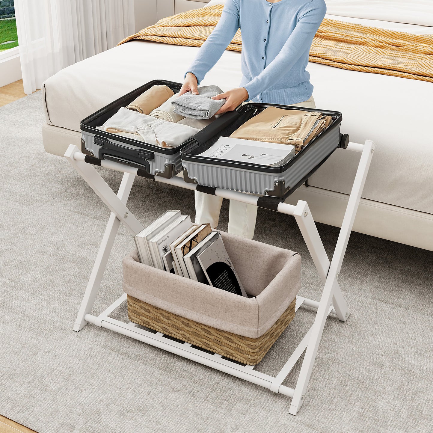 Heavy Duty Folding Luggage Rack with Shelves-1 piece-White