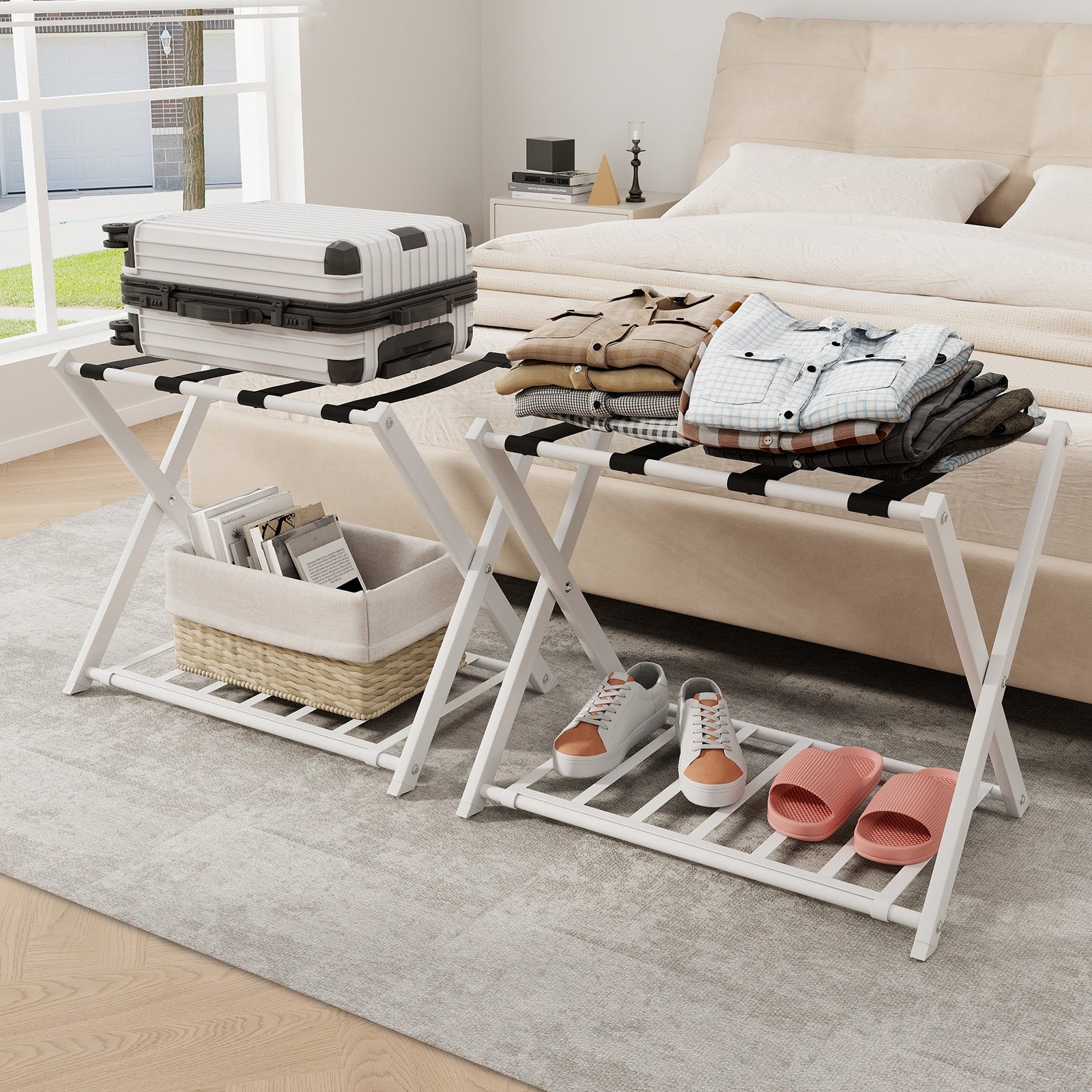 Heavy Duty Folding Luggage Rack with Shelves-1 piece-White