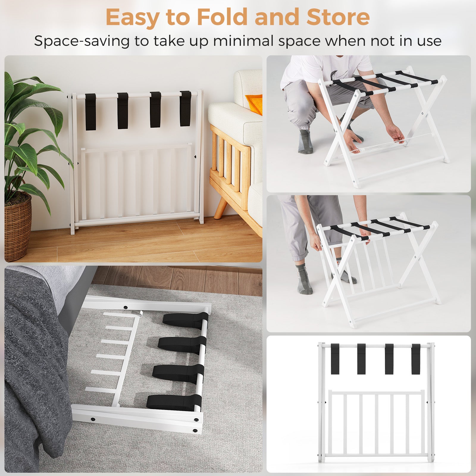 Heavy Duty Folding Luggage Rack with Shelves-1 piece-White