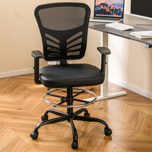 Height-adjustable Swivel Task Drafting Chair with Adjustable Armrests-Black