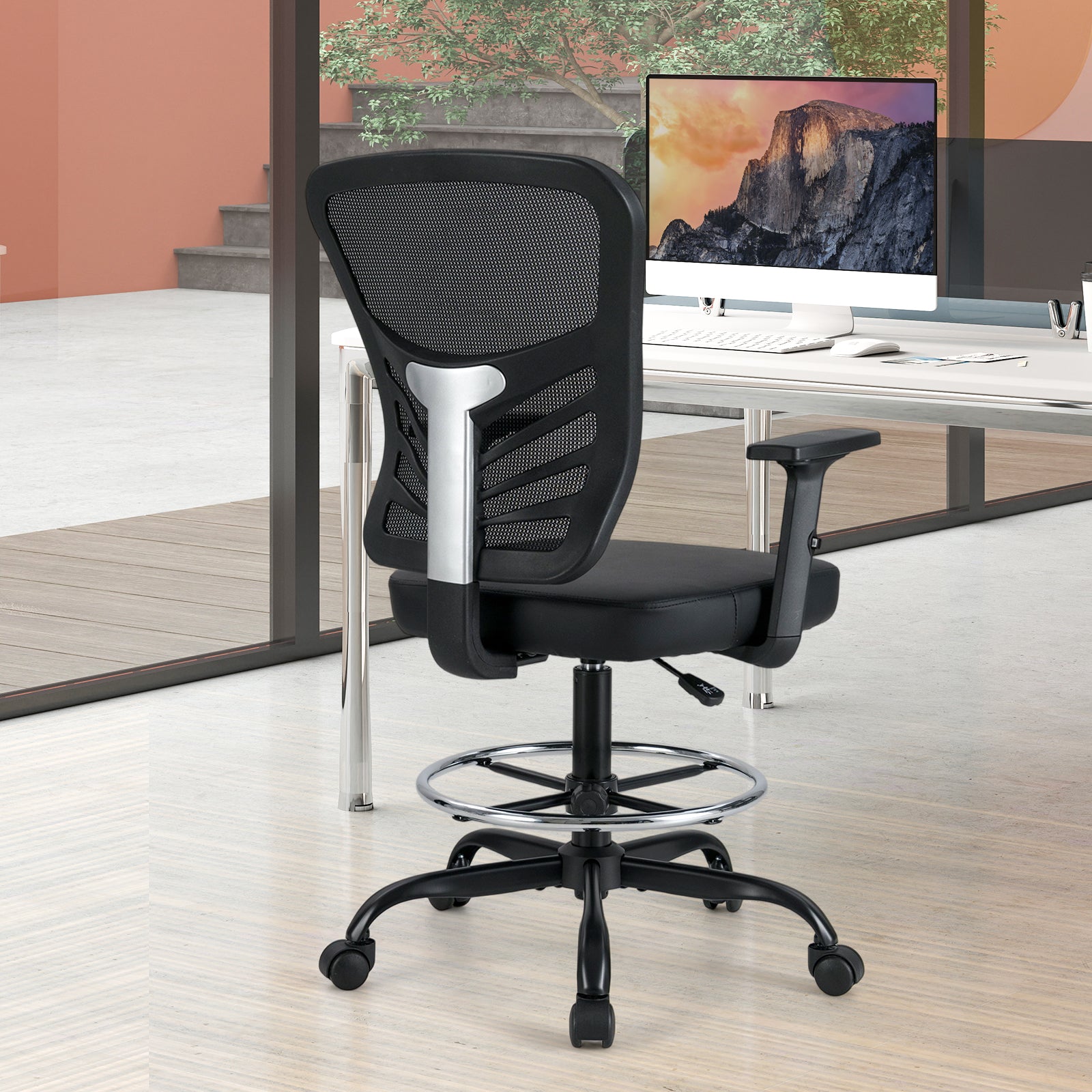 Height-adjustable Swivel Task Drafting Chair with Adjustable Armrests-Black