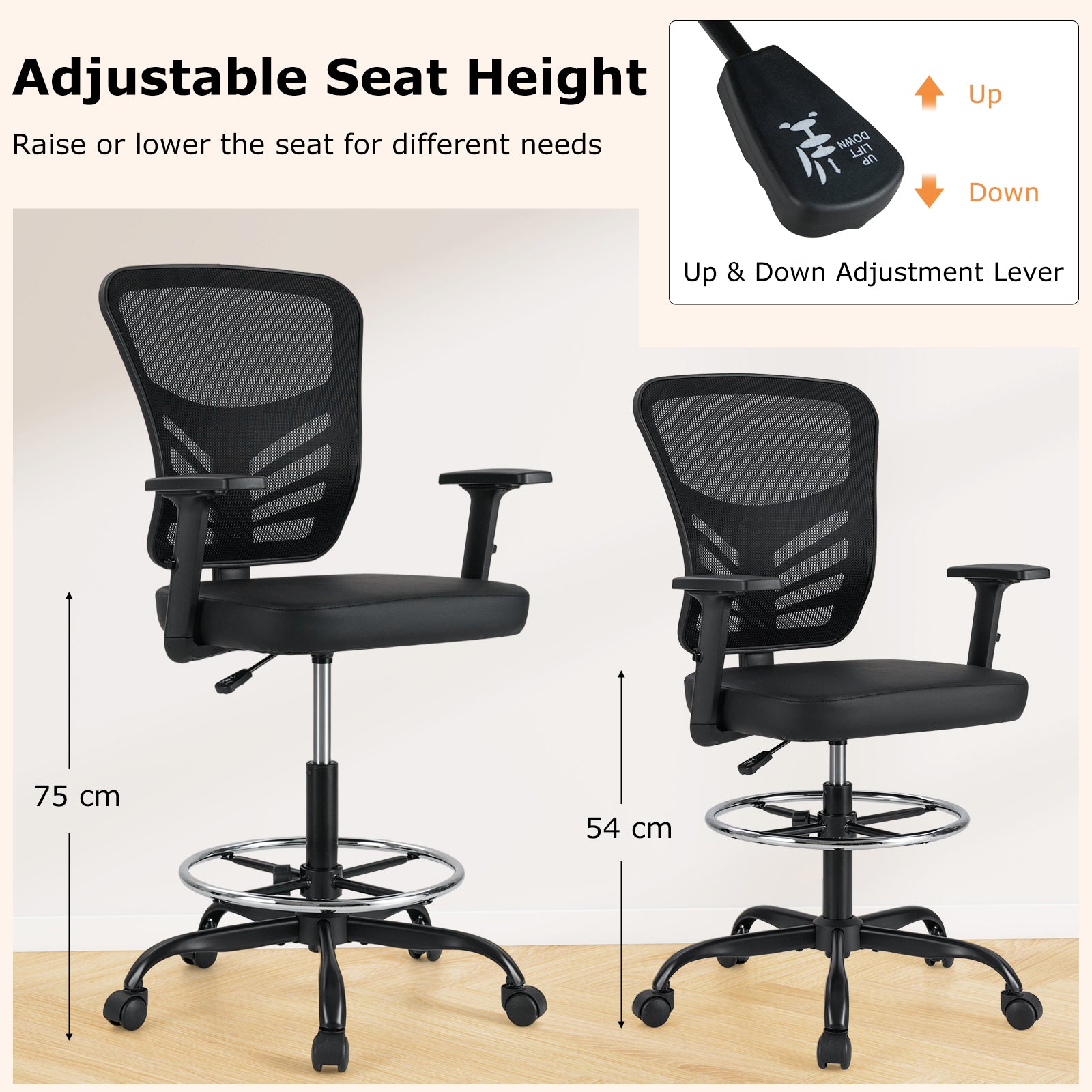 Height-adjustable Swivel Task Drafting Chair with Adjustable Armrests-Black