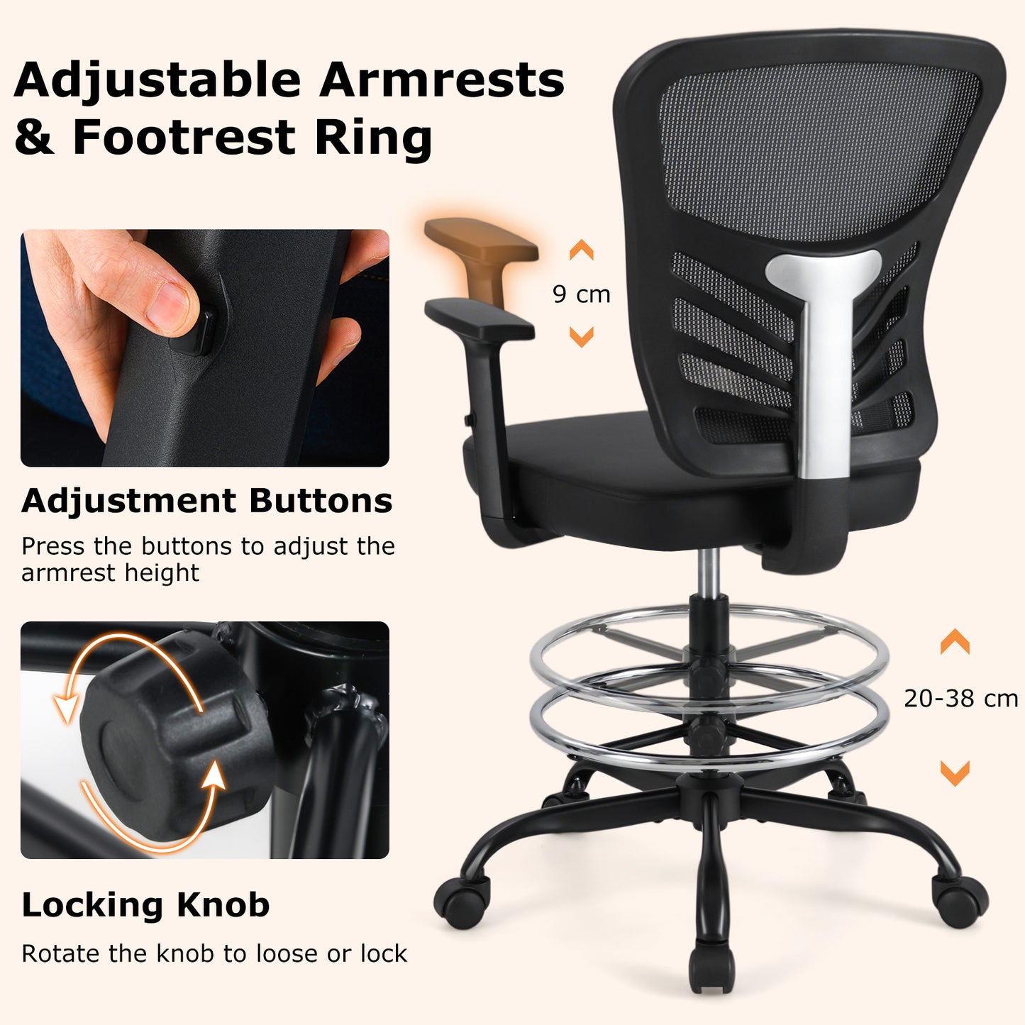 Height-adjustable Swivel Task Drafting Chair with Adjustable Armrests-Black