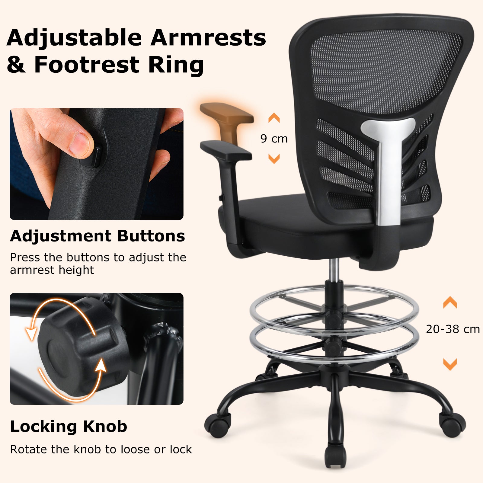Height-adjustable Swivel Task Drafting Chair with Adjustable Armrests-Black