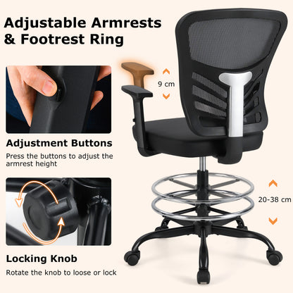 Height-adjustable Swivel Task Drafting Chair with Adjustable Armrests-Black