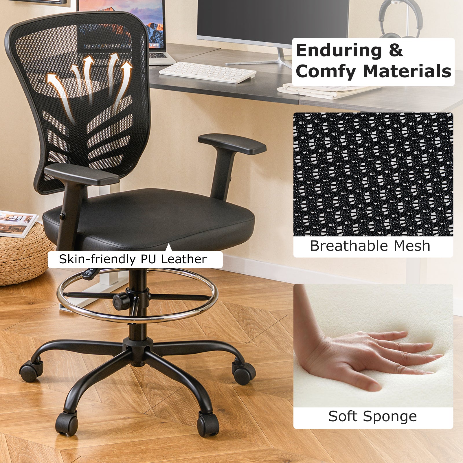 Height-adjustable Swivel Task Drafting Chair with Adjustable Armrests-Black
