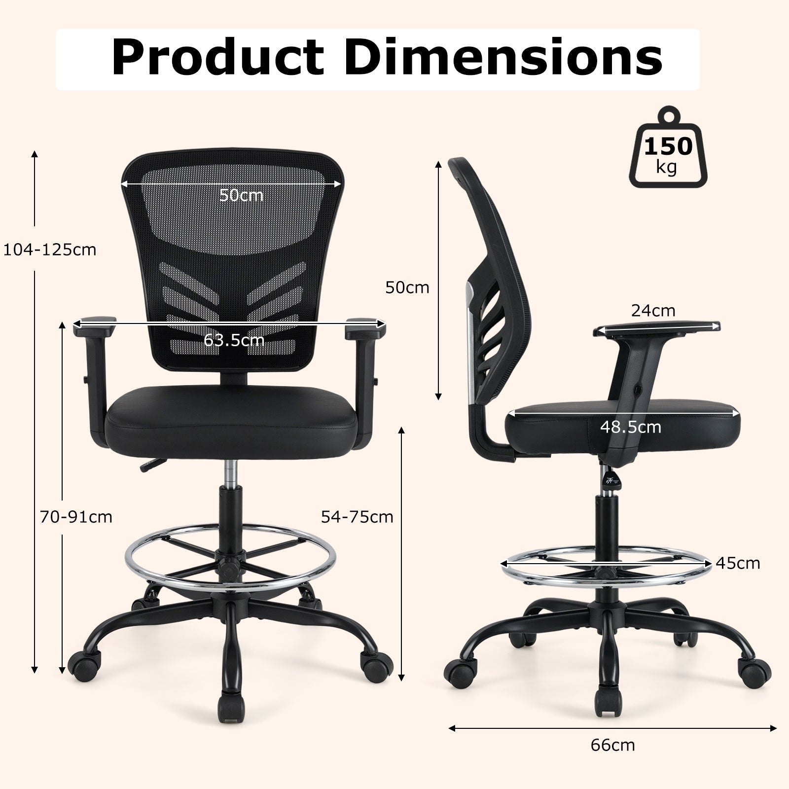 Height-adjustable Swivel Task Drafting Chair with Adjustable Armrests-Black