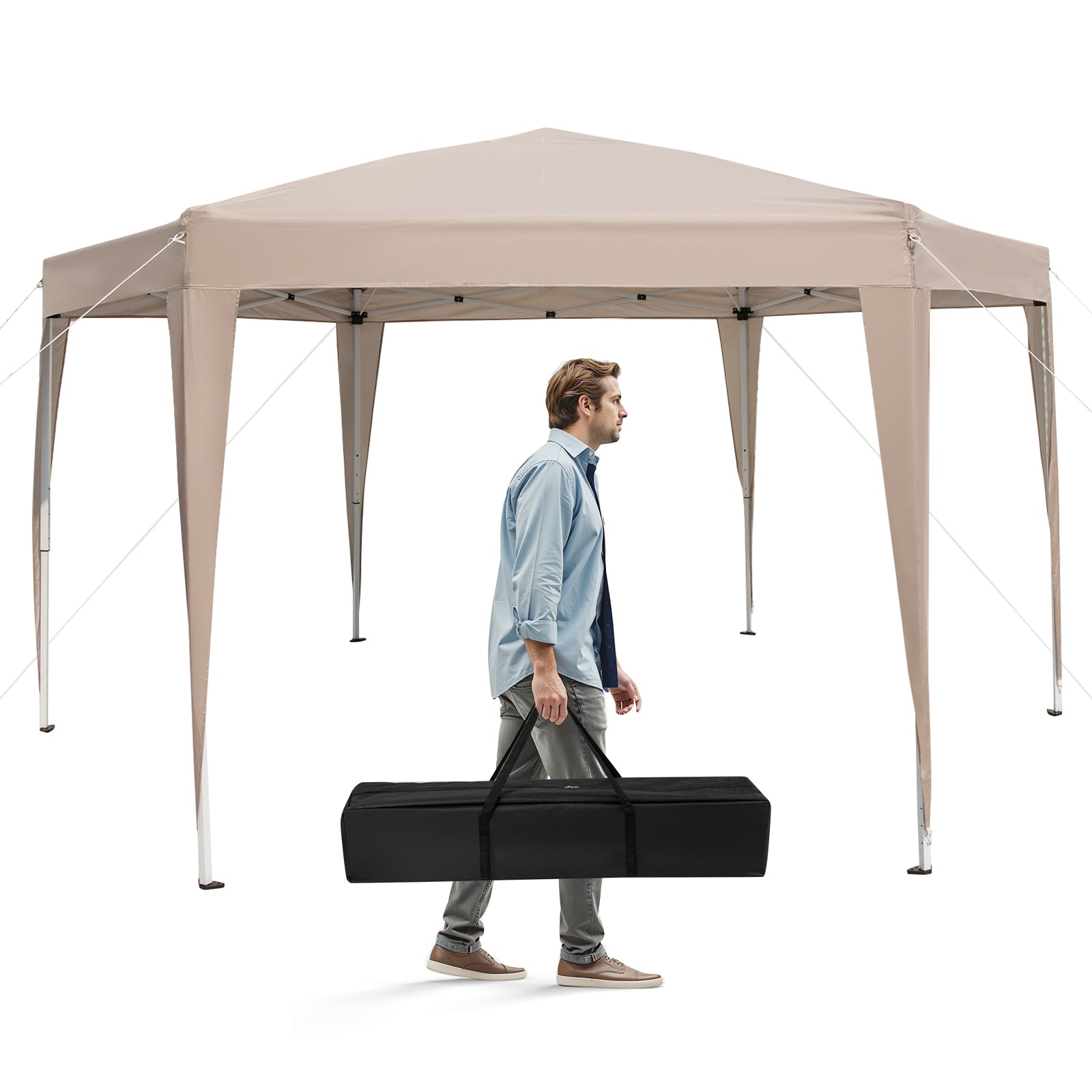4 x 3.5 m Height Adjustable Hexagonal Pop-Up Canopy Tent with Dressed Legs-Khaki