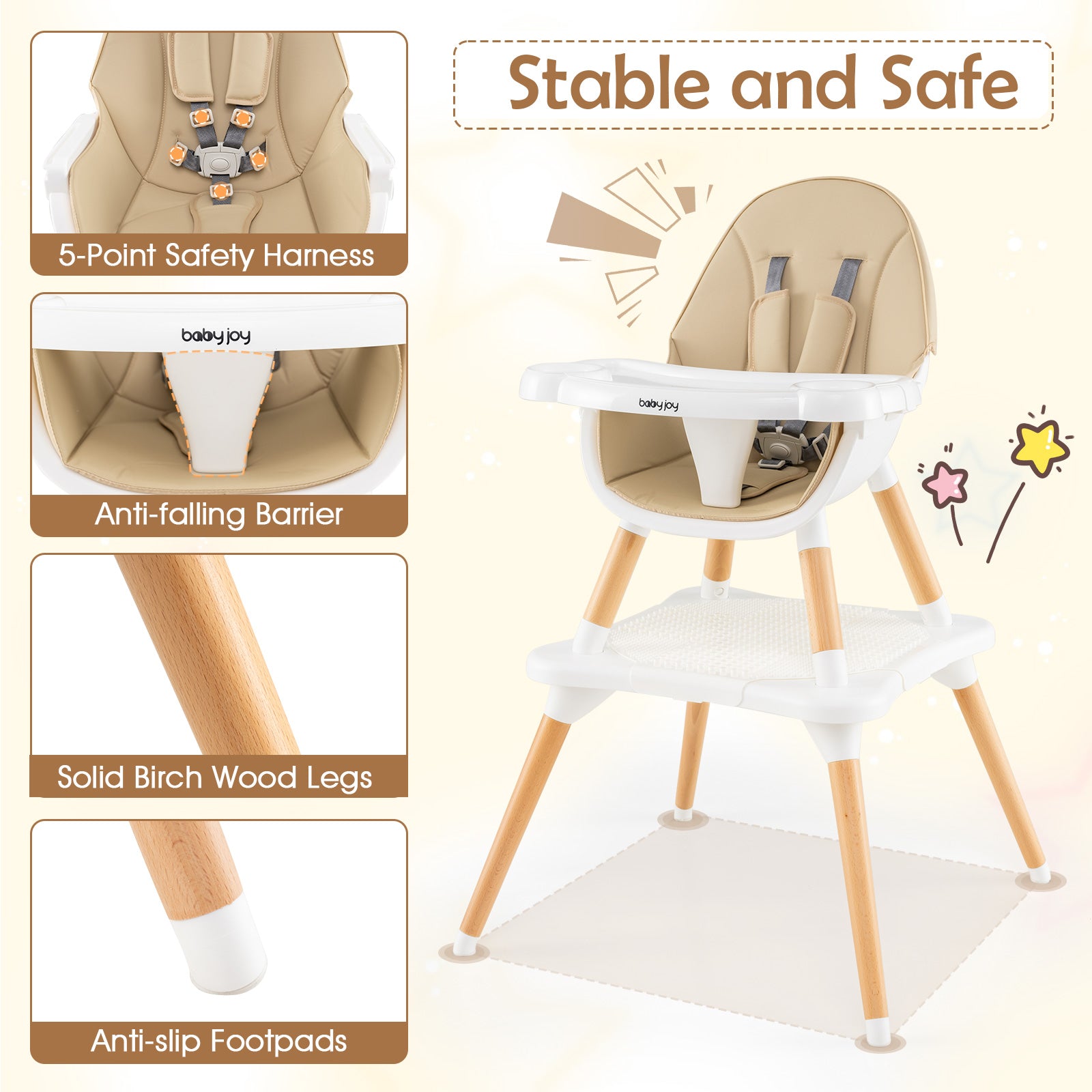 High Chair for Babies and Toddlers 6-in-1 Convertible Table Chair Set-Beige