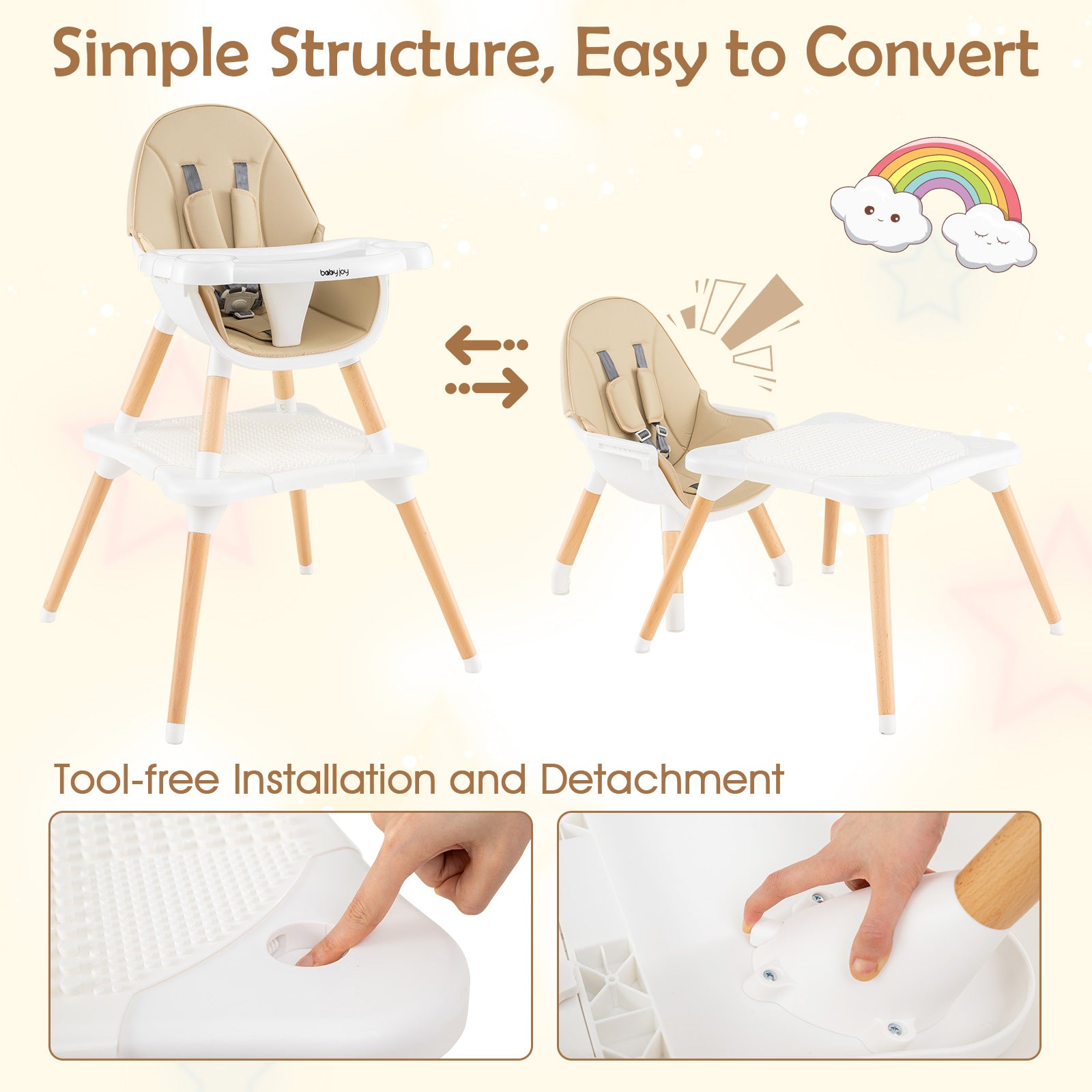High Chair for Babies and Toddlers 6-in-1 Convertible Table Chair Set-Beige