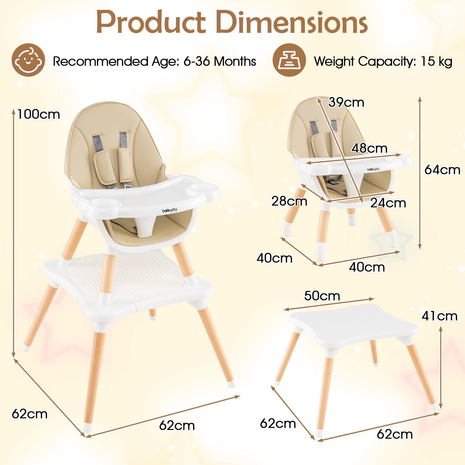 High Chair for Babies and Toddlers 6-in-1 Convertible Table Chair Set-Beige