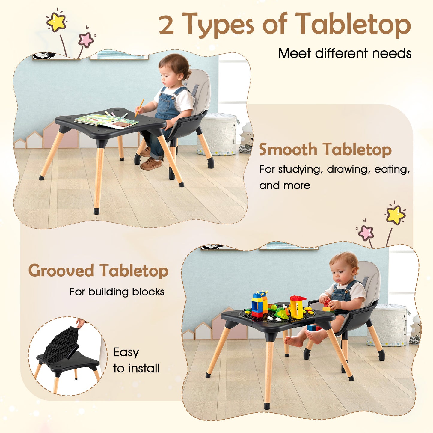 High Chair for Babies and Toddlers 6-in-1 Convertible Table Chair Set-Black