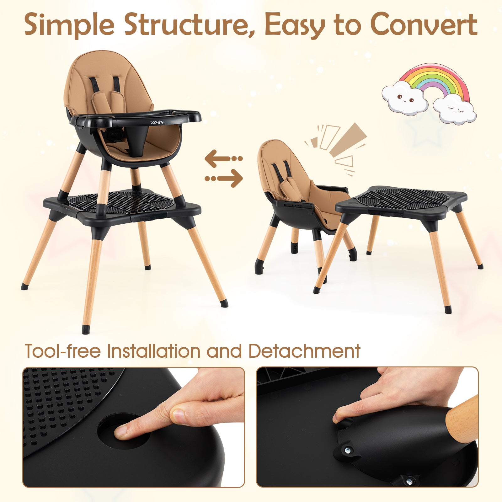 High Chair for Babies and Toddlers 6-in-1 Convertible Table Chair Set-Coffee