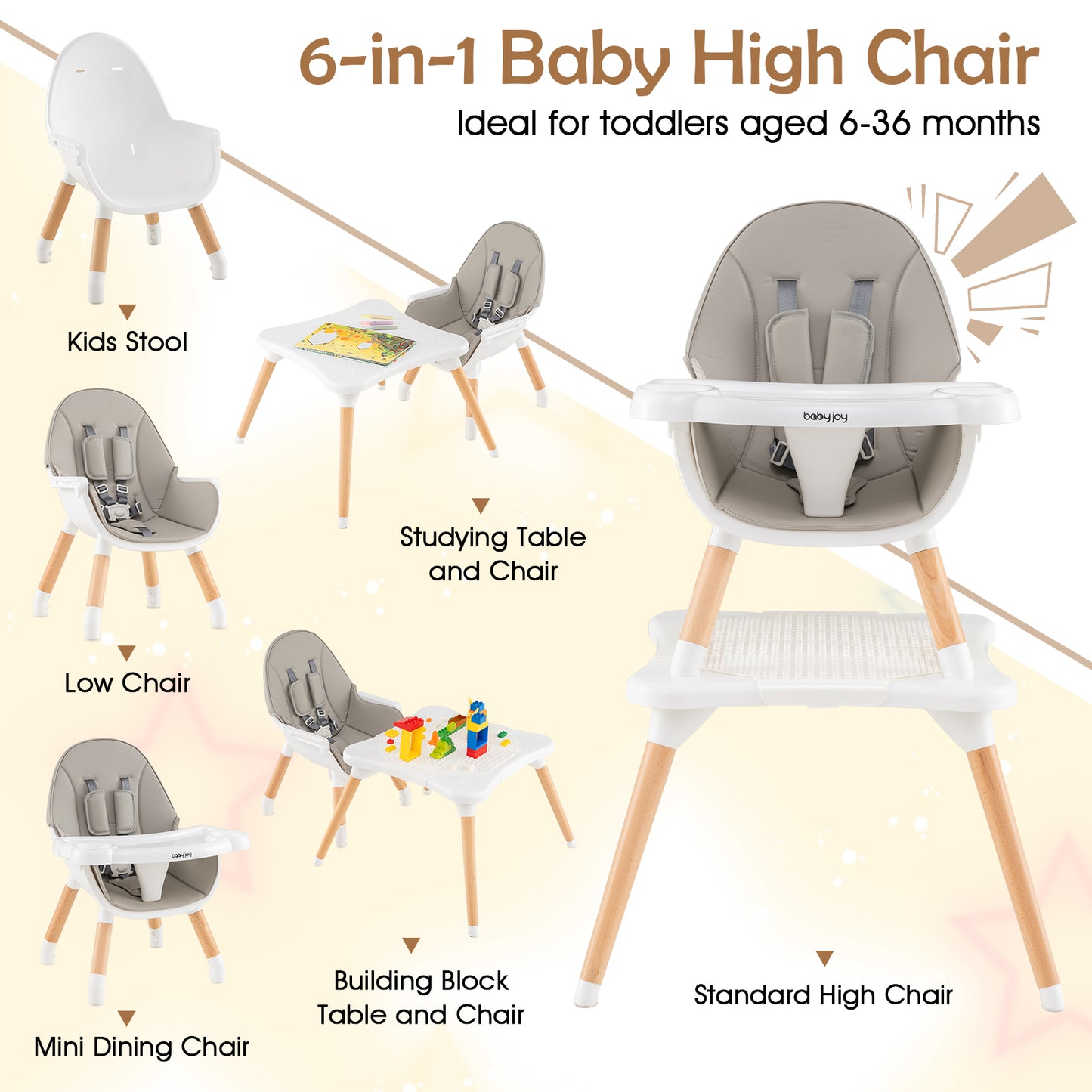 High Chair for Babies and Toddlers 6-in-1 Convertible Table Chair Set-Grey