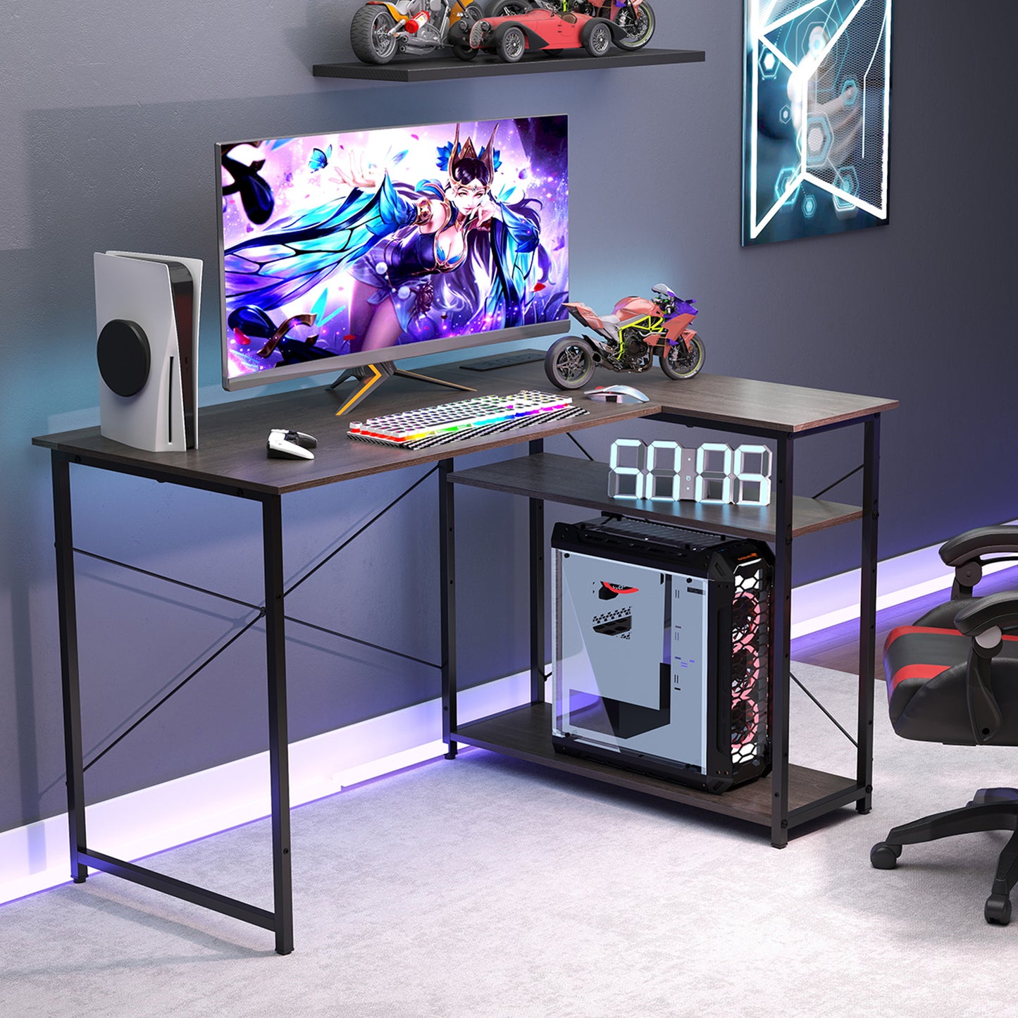 Home Office Computer Desk with Reversible Adjustable Storage Shelves-Grey