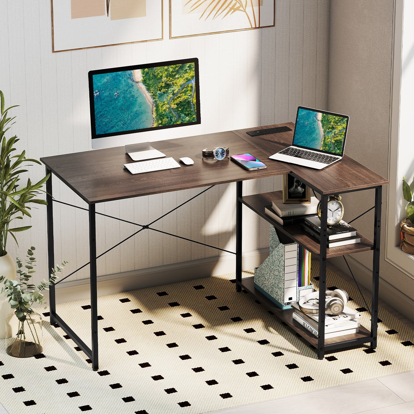 Home Office Computer Desk with Reversible Adjustable Storage Shelves-Grey