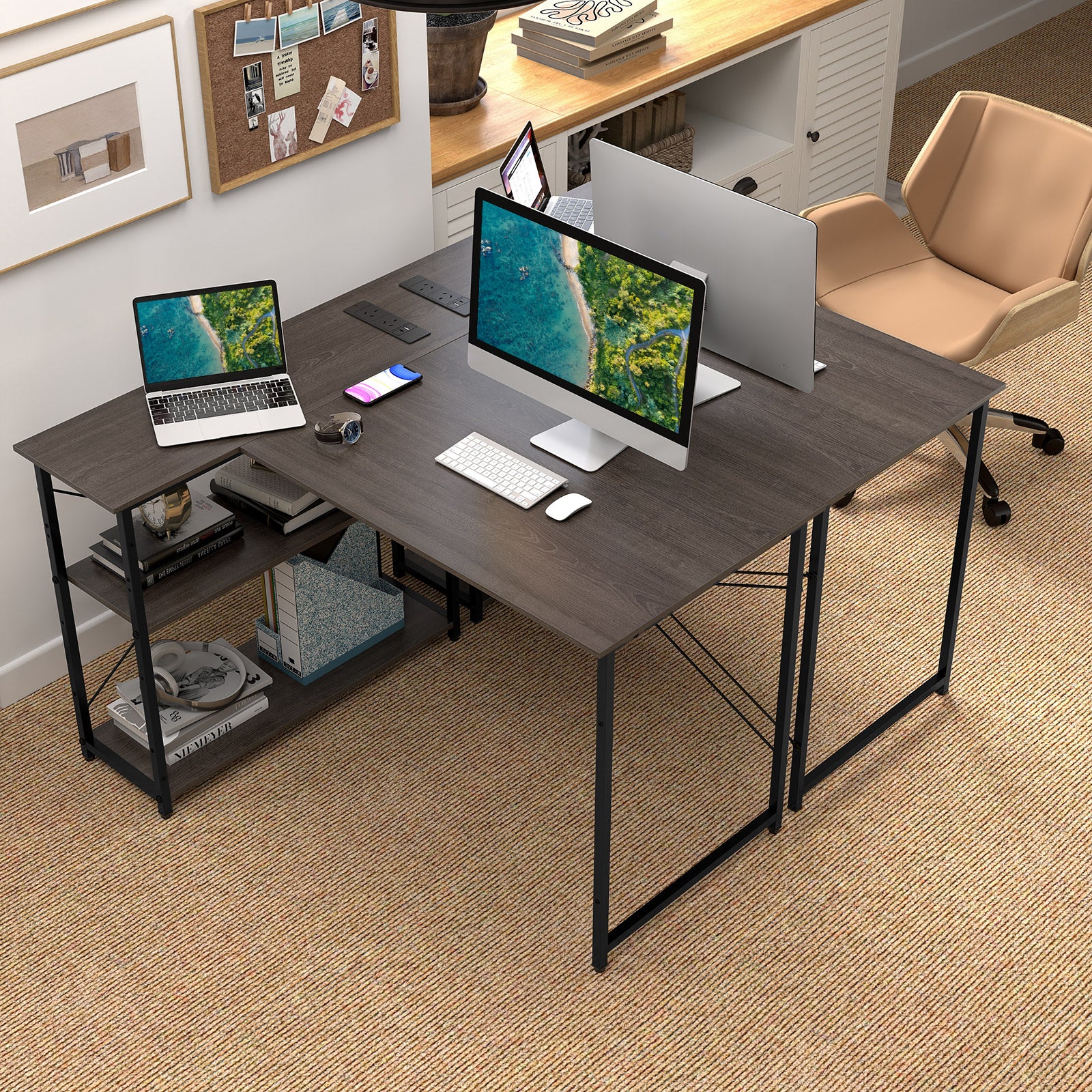 Home Office Computer Desk with Reversible Adjustable Storage Shelves-Grey