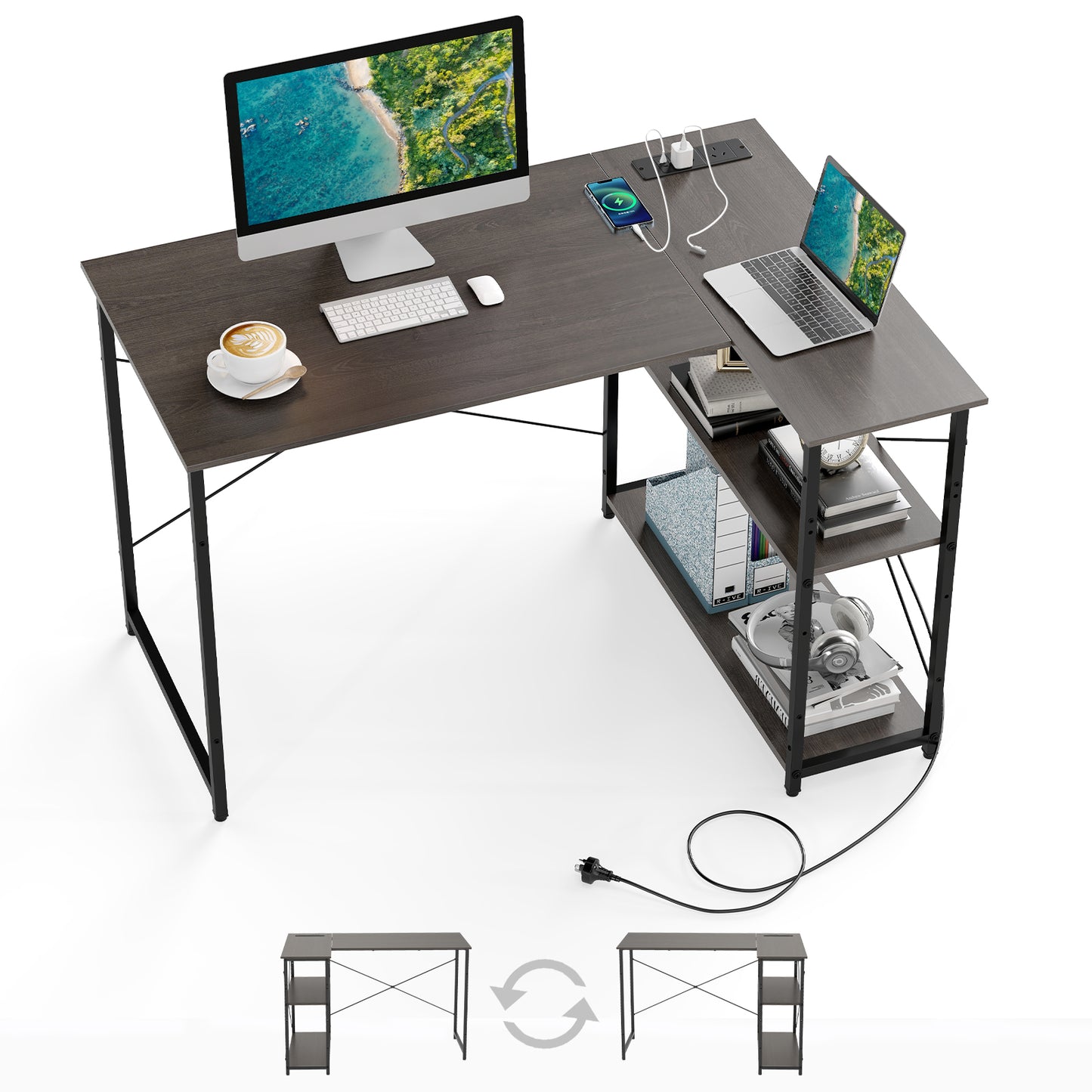Home Office Computer Desk with Reversible Adjustable Storage Shelves-Grey