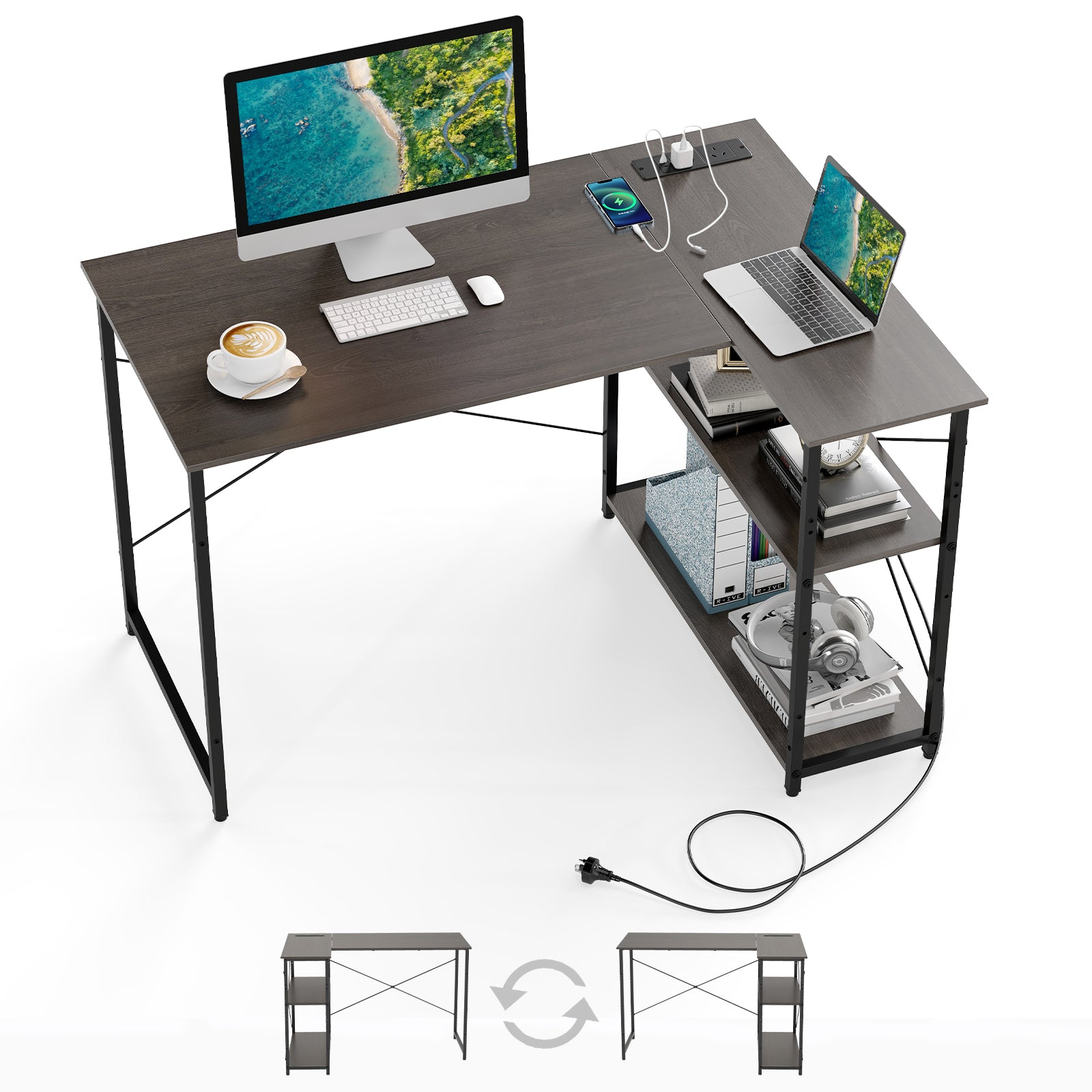 Home Office Computer Desk with Reversible Adjustable Storage Shelves-Grey