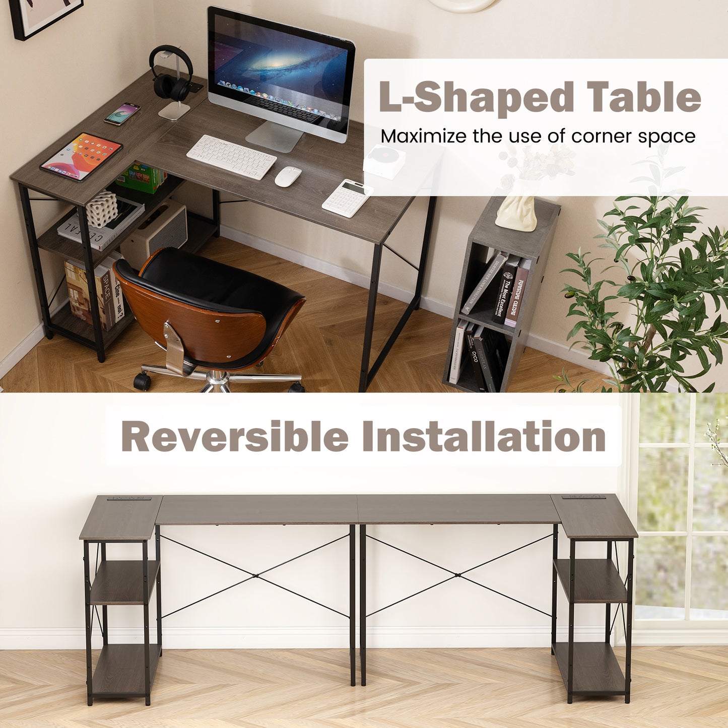 Home Office Computer Desk with Reversible Adjustable Storage Shelves-Grey