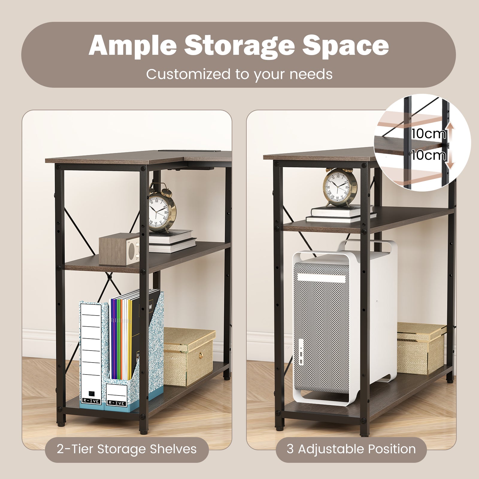 Home Office Computer Desk with Reversible Adjustable Storage Shelves-Grey