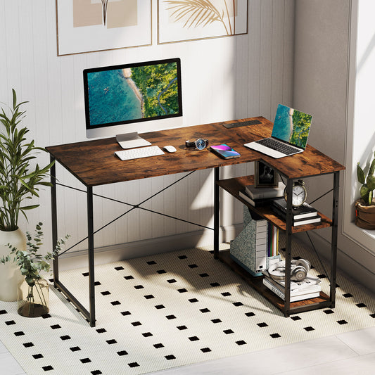 Home Office Computer Desk with Reversible Adjustable Storage Shelves-Rustic Brown