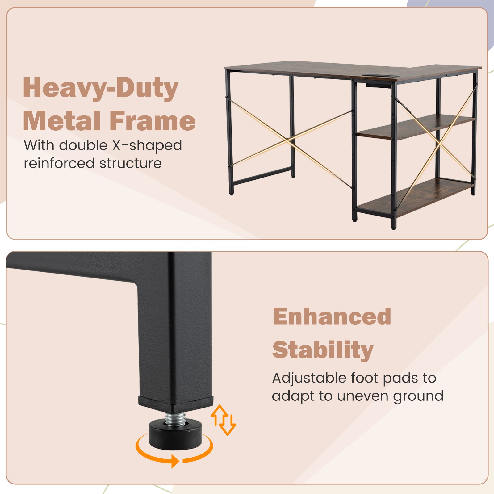 Home Office Computer Desk with Reversible Adjustable Storage Shelves-Rustic Brown