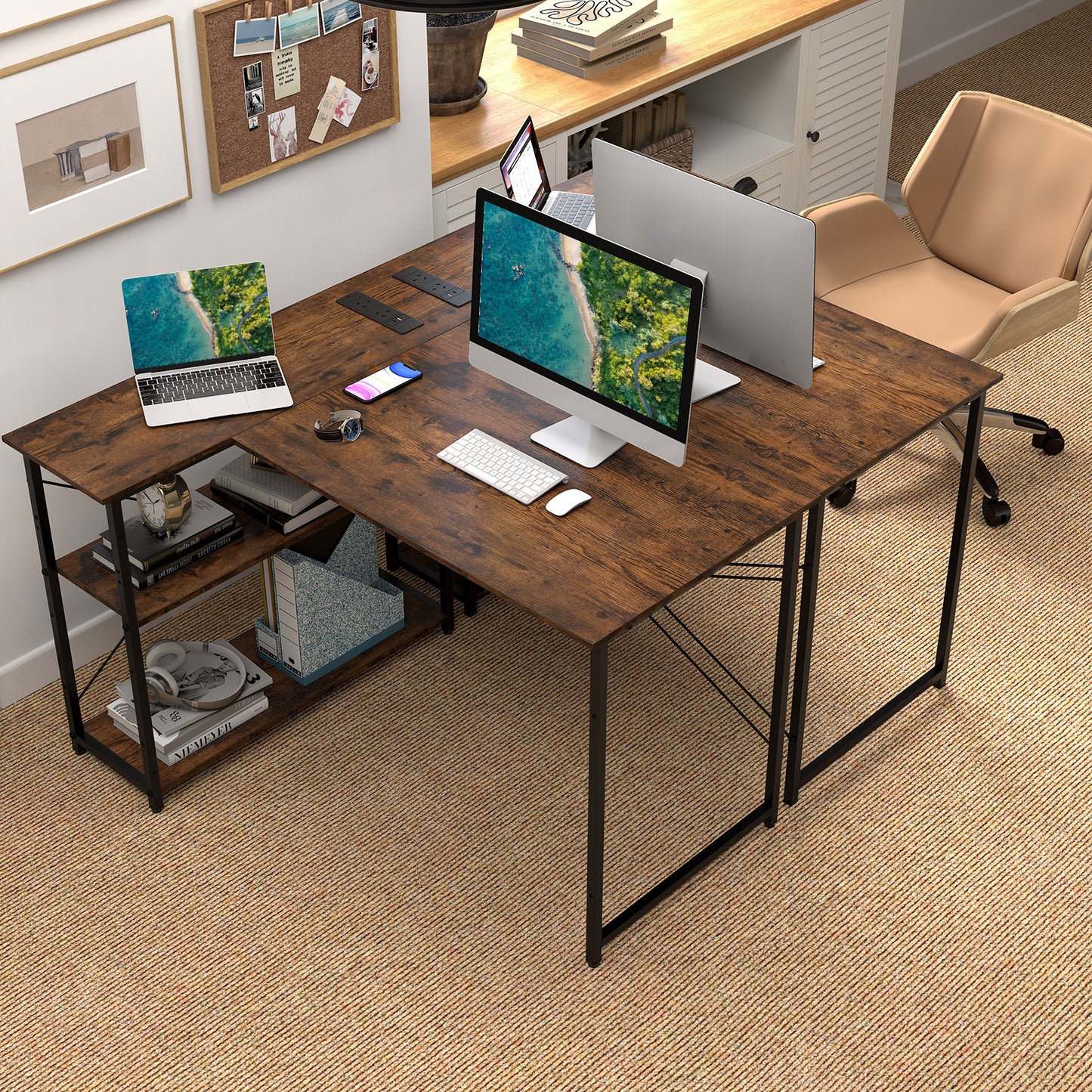 Home Office Computer Desk with Reversible Adjustable Storage Shelves-Rustic Brown