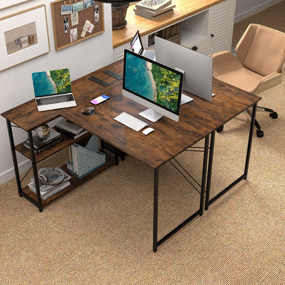 Home Office Computer Desk with Reversible Adjustable Storage Shelves-Rustic Brown