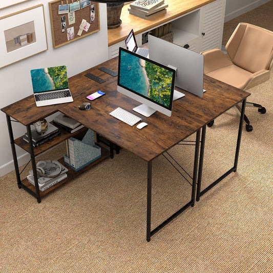 Home Office Computer Desk with Reversible Adjustable Storage Shelves-Rustic Brown