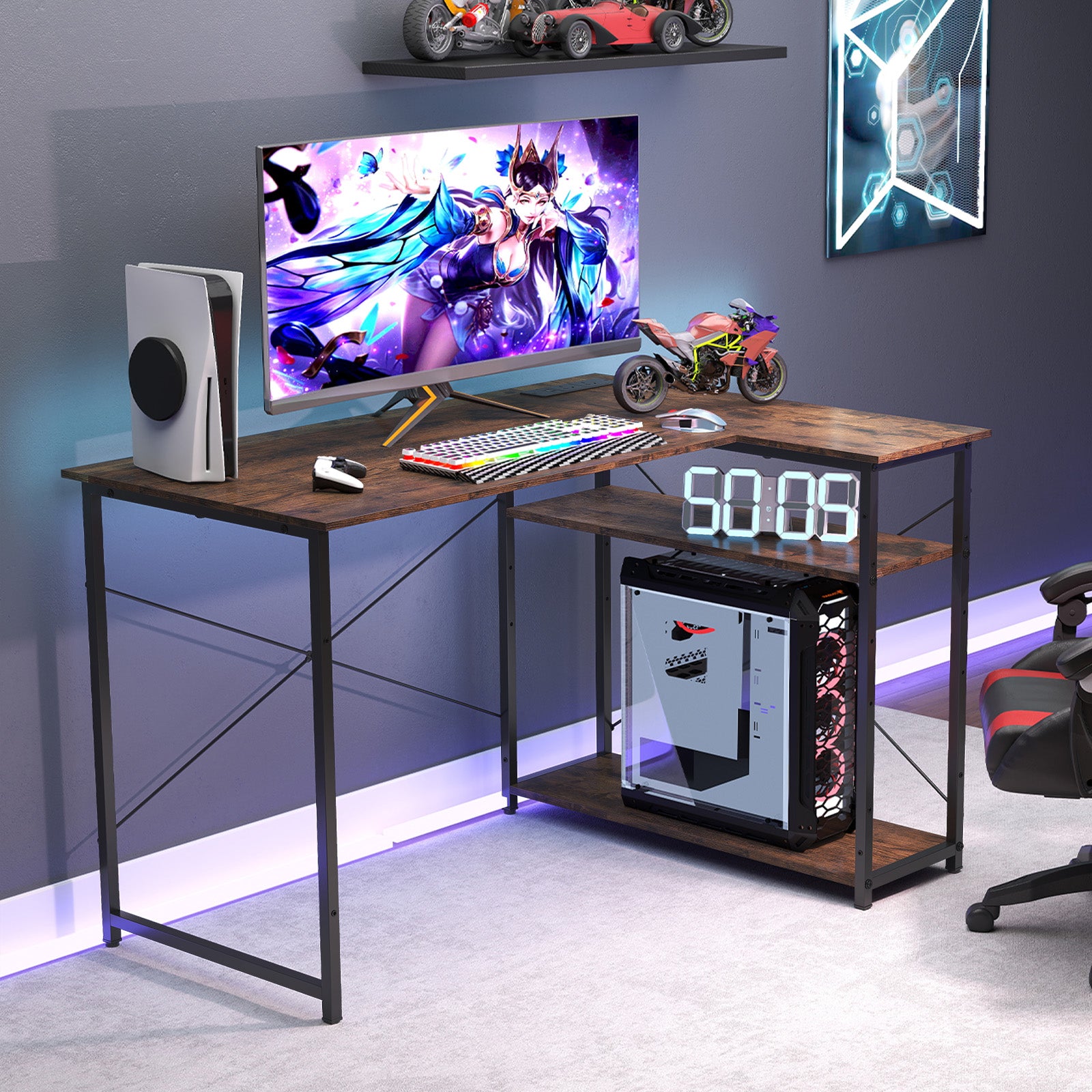 Home Office Computer Desk with Reversible Adjustable Storage Shelves-Rustic Brown